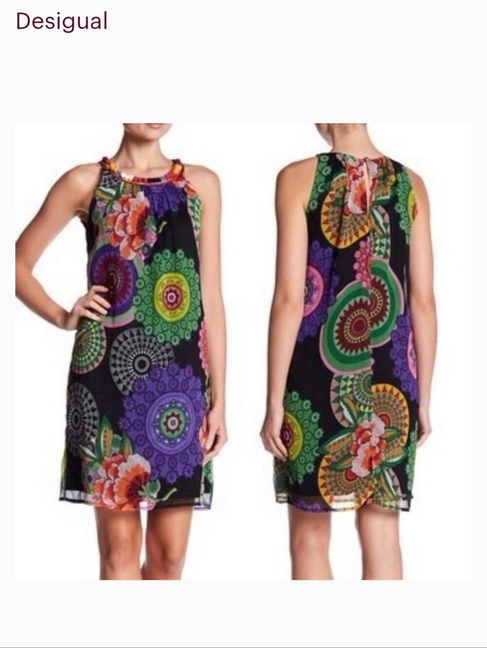 Desigual Black Shift Dress with Multicolor Floral & Circular Prints